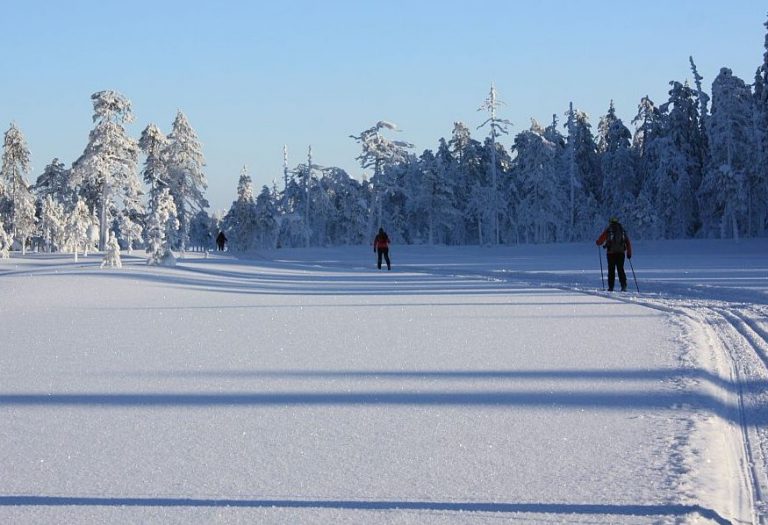 Hiihtäjiä itärajalla upeassa lumisessa maisemassa.